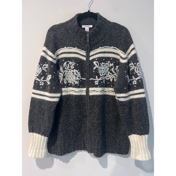 dressbarn Sweaters - Woman's Angora Blend Embroidered Floral Full Zip‎ Cardigan Sweater Size 18-20